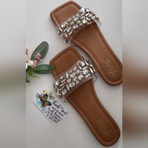 Thalia Sodi Jillene Flat Slip On  Elegant nude Sandals with Crystal Accents, 7M.